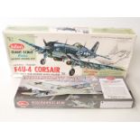 Two ¾ inch scale Guillow's wooden model aircraft kits, one F4 v-4 Corsair,