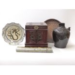 Chinese carved wooden miniature cabinet, a Chinese crackle glaze dish with dragon decoration,