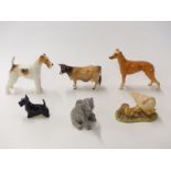 Six Beswick figures including Greyhound, Ayshire cow, Mind How You Go,