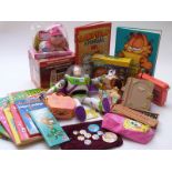 Collection of toys and books to include Garfield, Fisher Price, Sponge Bob, Buzz Lightyear,