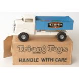 Tri-ang pressed steel Junior Brick Truck with cream cab and chassis, blue back and wooden bricks,