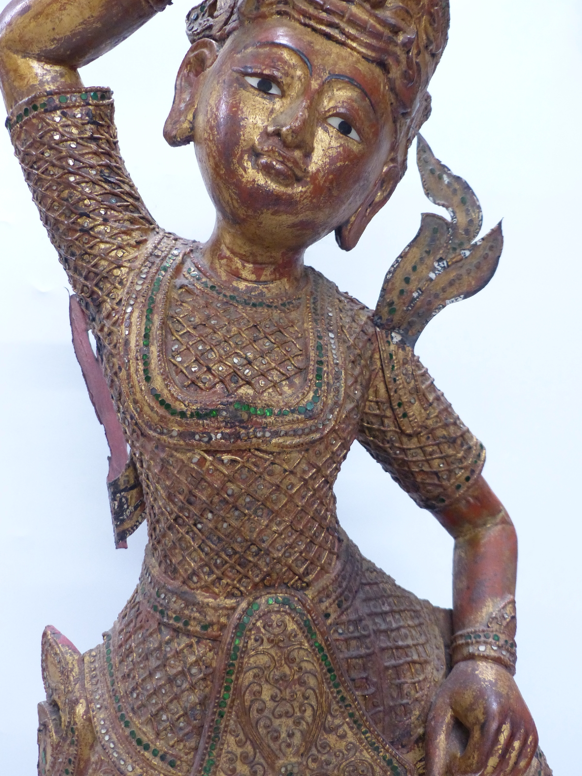 A carved and gilded Cambodian Kinnaris Temple Dancer with script to base, - Image 3 of 4