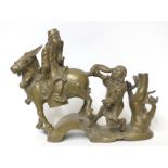 Chinese bronze of Confucius sat on a donkey with another man holding its tail,