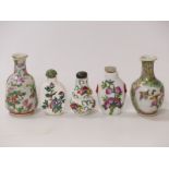Three Chinese snuff bottles and two Chinese famille rose vases