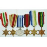 A group of six WWII medals comprising Italy Star, Africa Star, Atlantic Star, Burma Star,