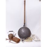 Georgian bed pan with wooden handle, kettle trivet, silver plated dish and salts,