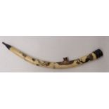 Chinese bone opium pipe with carved figural decoration,