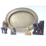 Chinese brass tray, brass Buddha, wooden dragon,