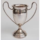 Late Victorian or early 20thC hallmarked silver twin handled trophy cup, London, date letter rubbed,