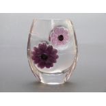 Daum Coppelia clear glass vase with applied pink and purple pate de verre flowers, 19cm tall.