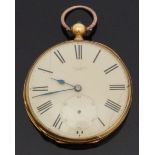 J F Jacot Locle 18ct gold open faced pocket watch with black Roman numerals,