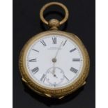 Waltham gold plated open faced pocket watch with subsidiary seconds dial, gold hands,