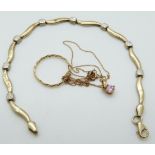 A 9ct gold bracelet, a 9ct gold necklace and a yellow metal ring, 4.