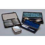Cased cutlery including hallmarked silver handled knives,