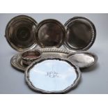 Six silver plated trays and salvers, length of largest 57cm,