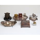 Quantity of inkwells, standishes including 19thC novelty example,