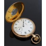 Waltham gold plated half hunter keyless winding pocket watch with inset subsidiary seconds dial,