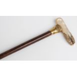 Victorian mother-of-pearl and yellow metal mounted walking cane
