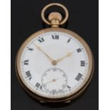 Buren 9ct gold open faced keyless winding pocket watch with Roman numerals, stepped face,