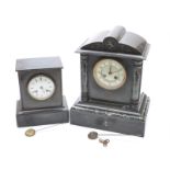 Two 19thC slate mantel clocks, one in architectural case with marbled decoration,