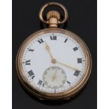 Buren gold plated open faced keyless winding pocket watch with Roman numerals,