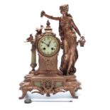 French 19thC ornate style figural mantel clock featuring a lady holding a basket,