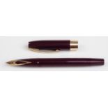 Sheaffer Imperial fountain pen with burgundy barrel and cap, yellow metal fittings and 14K gold nib,