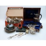 Large collection of plated cutlery including brass inlaid mahogany part filled canteen of