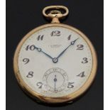 J W Benson of London 9ct gold open faced keyless winding slim cased pocket watch with Arabic