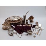 Quantity of silver plate to include Walker & Hall entree dish, opium pipe,