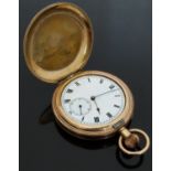 Waltham gold plated full hunter keyless winding pocket watch with inset subsidiary seconds dial,