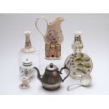 Royal Worcester Palissy items with Spode lithograph, Staffordshire pastille burner, ladle,