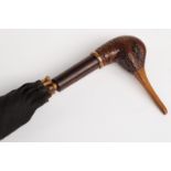 Late 19thC/20thC parasol with carved figural duck handle, plated collar, rosewood shaft,