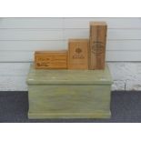 Painted wooden trunk with twin handles W67cm together with wine boxes