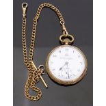 Thomas Russell & Son of Liverpool gold plated open faced keyless winding pocket watch with inset