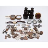 Dollond of London pair of military binoculars, a natural sine compass, coins,