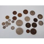 A quantity of coins including 1854 Victorian penny, pre 1947 silver,