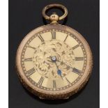 14ct gold open faced pocket watch with black Roman numerals,