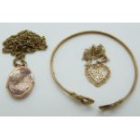 A 9ct gold bangle, 9ct gold necklace and locket and a 9ct gold "love you" pendant and a chain, 12.