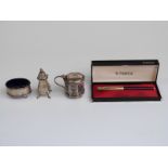 Three hallmarked silver salts, peppers etc and a cased Parker pen,