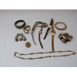 A quantity of costume watches, bamboo bangle, silver tops for walking sticks,