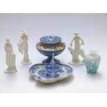 Three Royal Worcester figurines, a Mdina vase, glass perfume bottle,