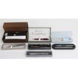 Eight fountain and ballpoint pens and pen sets including Cross, Franklin Covey, Pentel etc,