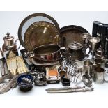 Large quantity of plated ware including salvers, tea ware, salts, James Dixon patent teapot,