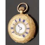 18ct gold half hunter keyless winding pocket watch with blued hands, Roman numerals,