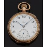 Buren for Reid gold plated open faced keyless winding pocket watch with inset subsidiary seconds