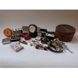 A collection of cufflinks and watches including a pair of silver cufflinks in brown leather box
