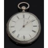 Hallmarked silver open faced chronograph pocket watch with Roman numerals, stepped face,
