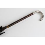 Edwardian parasol with hallmarked silver faux bamboo crook handle, London 1904,