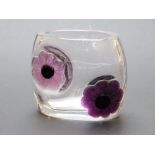 Daum Coppelia clear glass vase with applied pink and purple pate de verre flowers, 12cm tall.